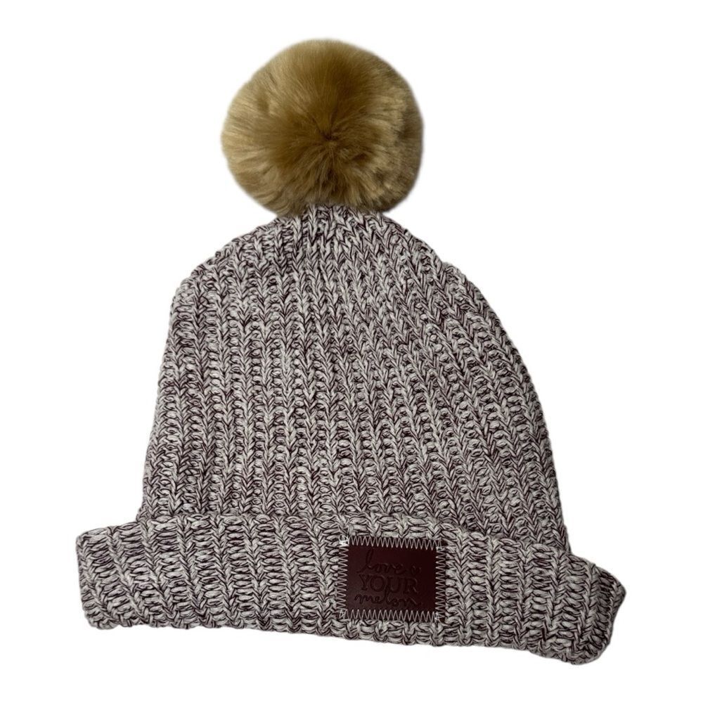 Love Your Melon Maroon/White Knit Fur Removable Pom Pom Beanie Hat.
